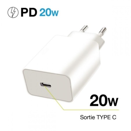 Chargeur Secteur entrée type-C  20W + cable lightning vers type-C 1M