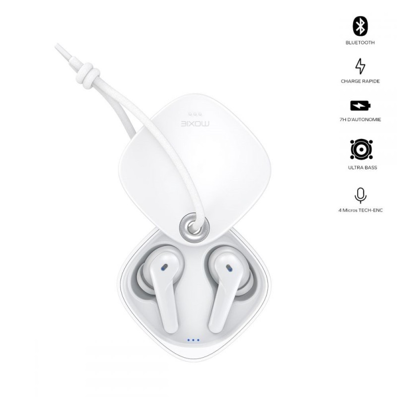 Oreillette bluetooth stéréo Minitwin avec boitier coulissant - blanc