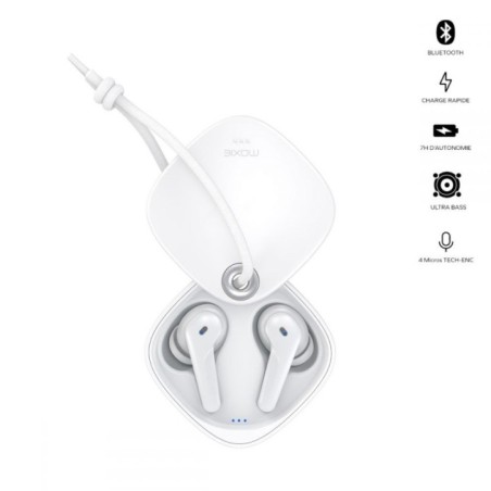 Oreillette bluetooth stéréo Minitwin avec boitier coulissant - blanc
