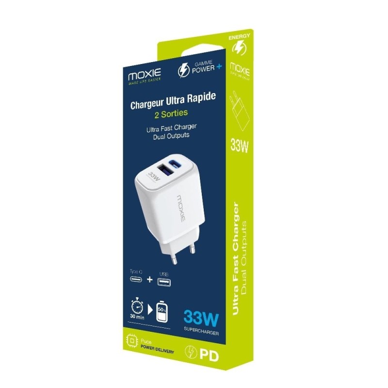 Chargeur Secteur 33W Fast charge -1 sortie Type-C / 1 sortie USB-A 
