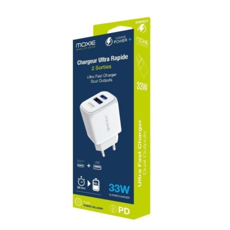 Chargeur Secteur 33W Fast charge -1 sortie Type-C / 1 sortie USB-A 