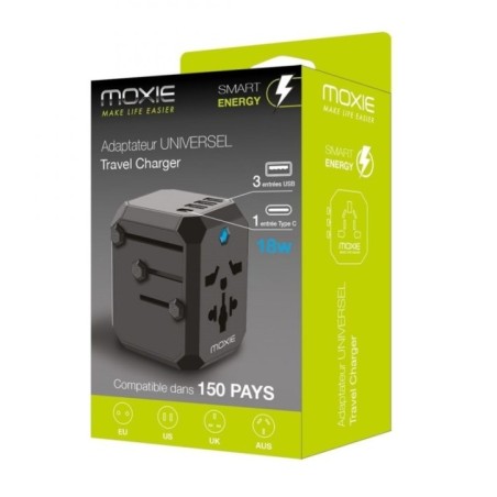 Adaptateur secteur Universel de Voyage Noir 4 prises +3 USB et 1 TYPE C